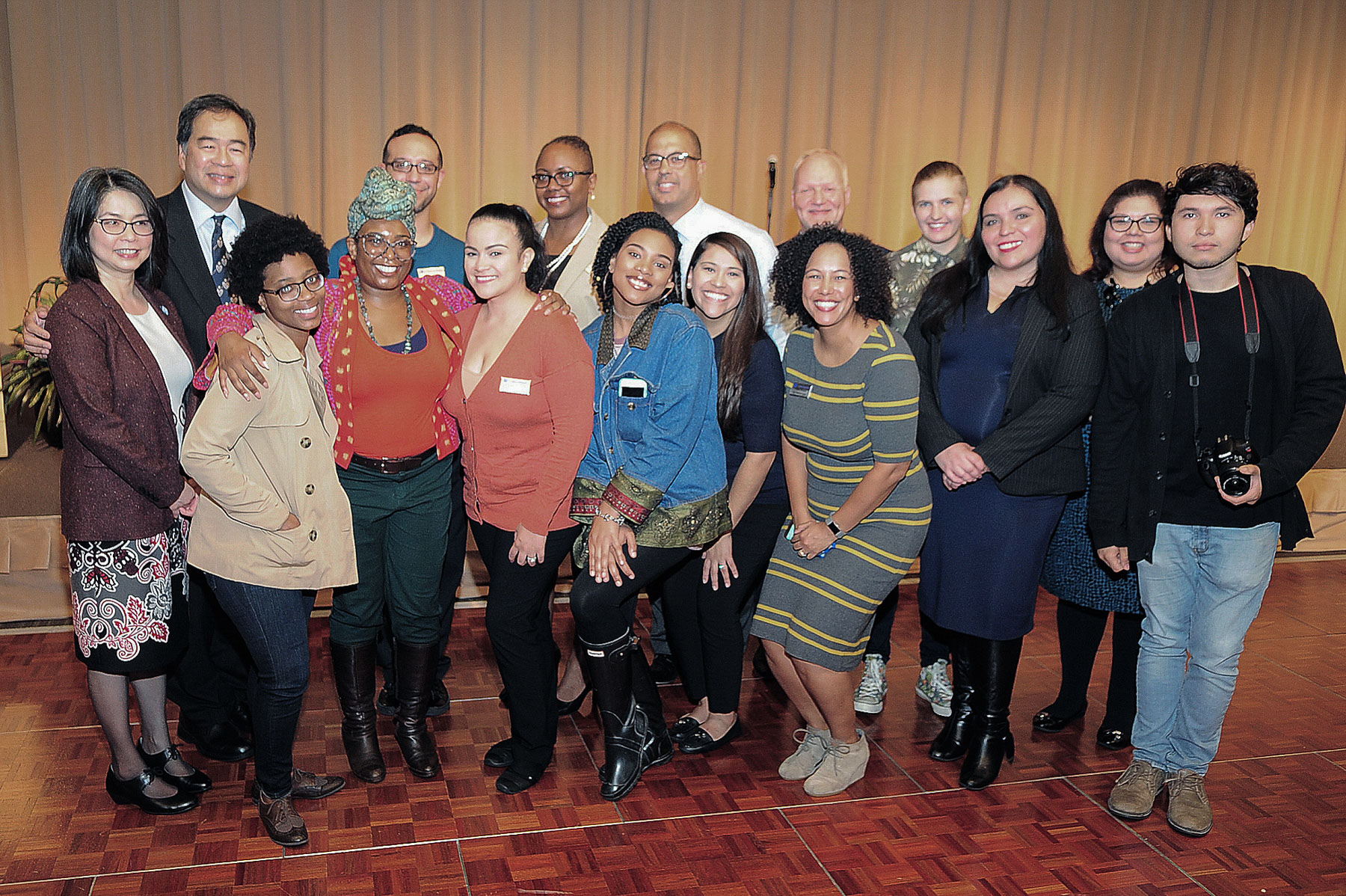 Josephine Esteban and DePaul University President A. Gabriel Esteban, Ph.D., far left, at the annual President's Diversity Brunch, an event for students and families who participate in the Office of Multicultural Student Success programs. (DePaul University/John Booz)